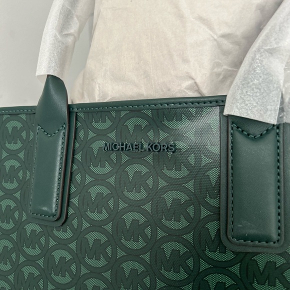 RESERVED Michael Kors Jodie Rare Racing Green Logo Jacquard Tote MSRP $348 NWT - Picture 4 of 7